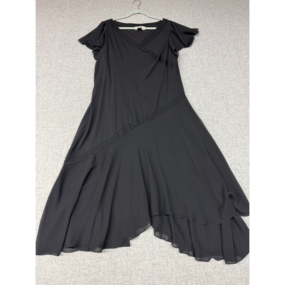 Adrianna Papell Dress 16W Black Beaded V-Neck Flutter Handkerchief Hem 1486